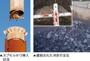 カプセルホウ挿入状況と掘削された河床の玉石