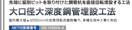 先端に掘削ビットを取り付けた鋼管杭を直接回転埋設する工法 大口径大深度鋼管埋設工法 国内最大径φ3200mmの全周回転式掘削機で、多様な地中工事に対応 NETIS登録番号：KK-110034-A